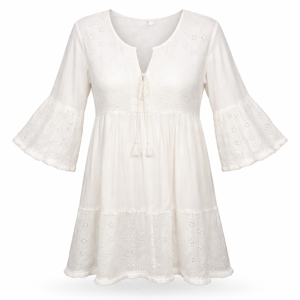 Ashley Taylor White Eyelet Cotton Boho Tunic‎ Dress XL Bell Sleeve Fringe Tassel